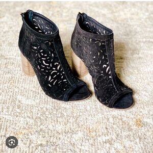 Elegant Black Laser Cut Peep-Toe Ankle Boots